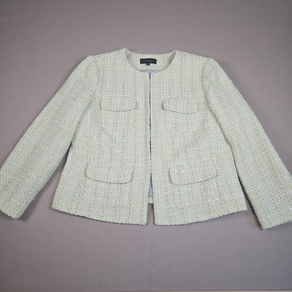 Talbots Size 10 Mint Green Tweed Jacket Sequin Shimmer Open Front Collarless